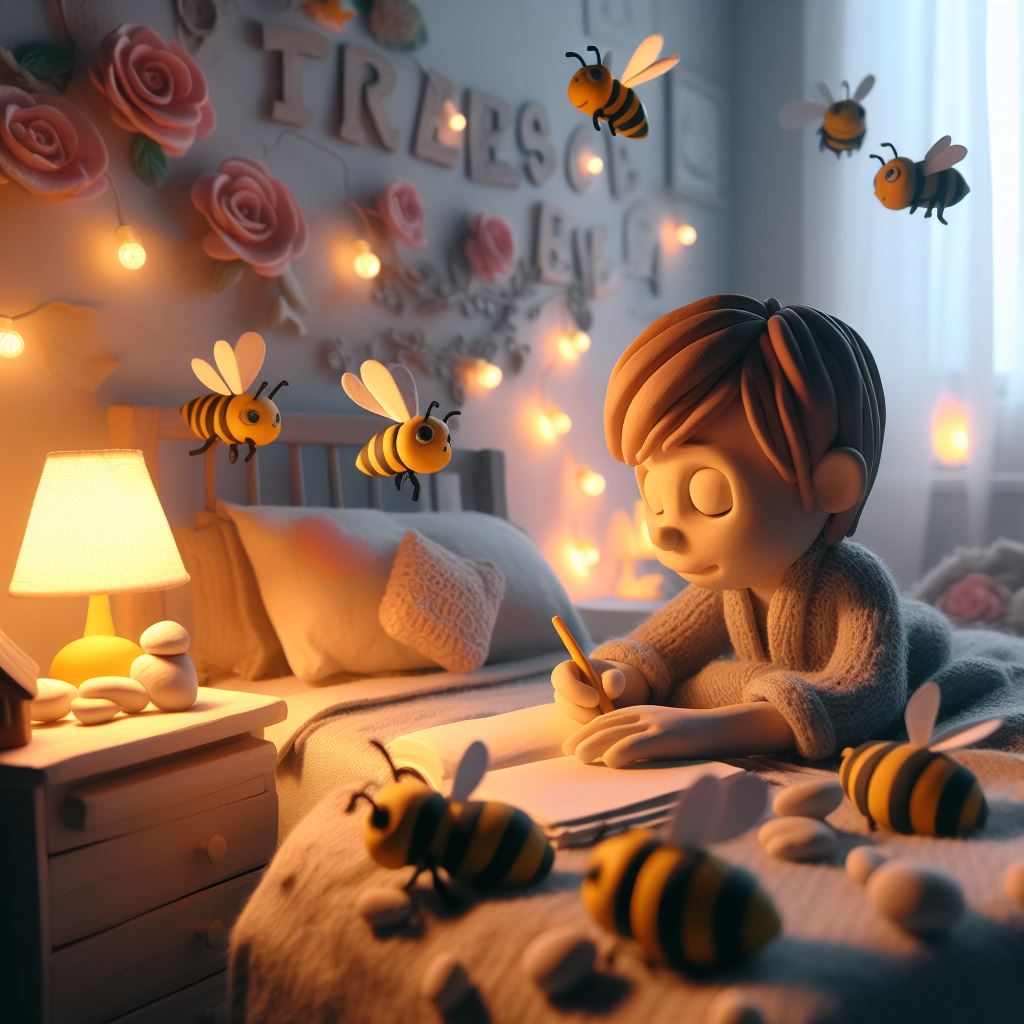 ways to boost your creativity as a writer: A Claymation image of a child writing a book and bees illuminating the cozy bedroom