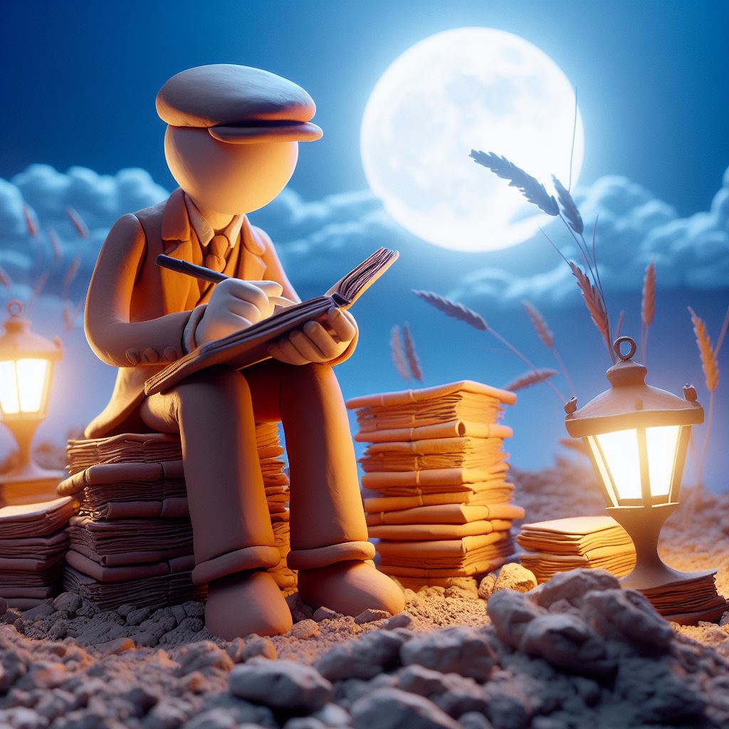 boost your creativity as a writer: A Claymation image of a writer with a pen and book under a night sky