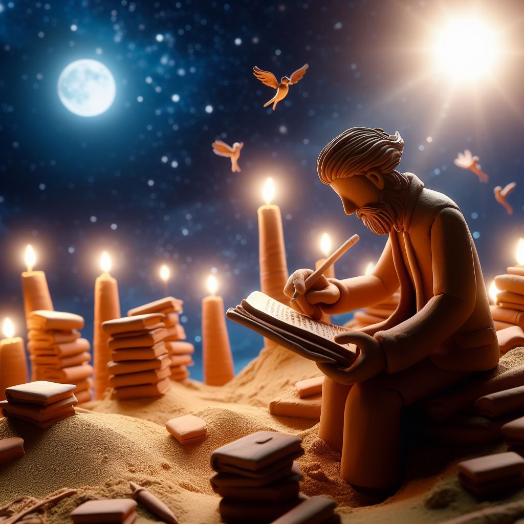 boost your creativity as a writer: A Claymation image of a writer with a pen and book under a night sky