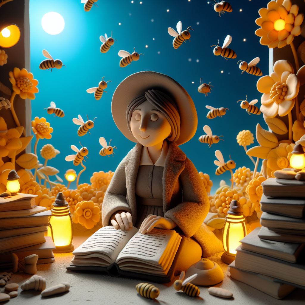 boost your creativity as a writer: A Claymation image of a female writer with a pen and book under a night sky full of bees