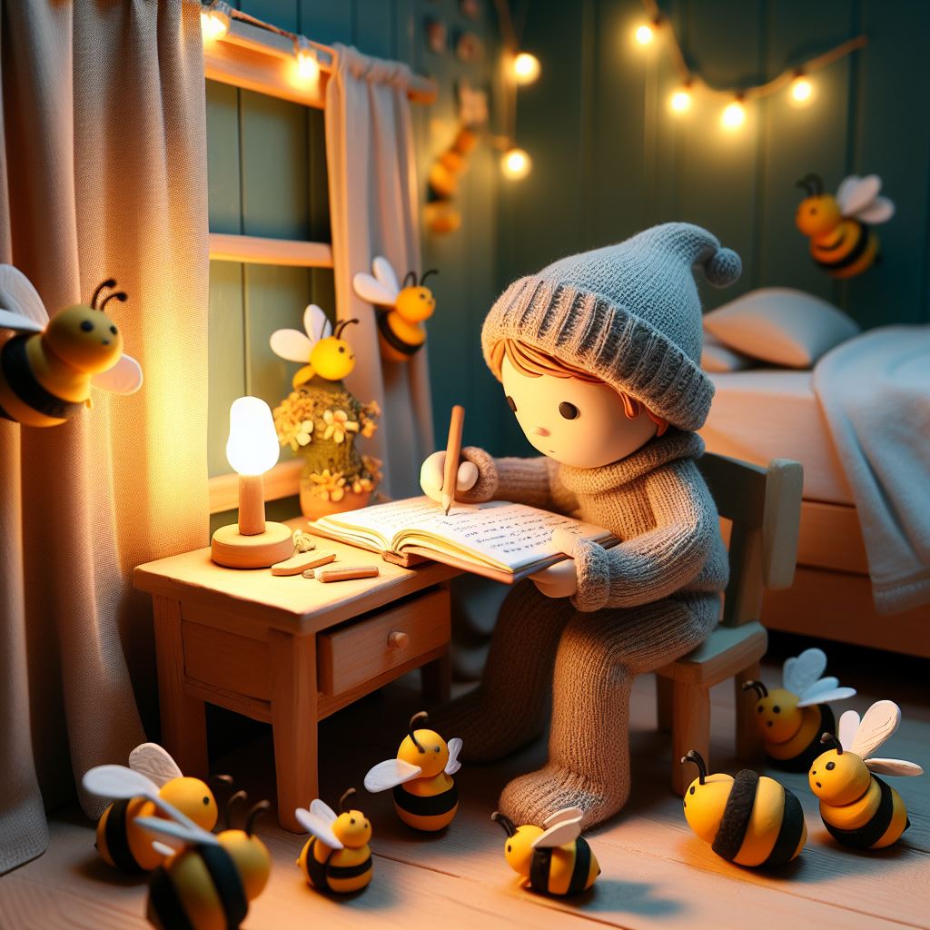 A Claymation image of a child writing a book and bees illuminating the cozy bedroom
